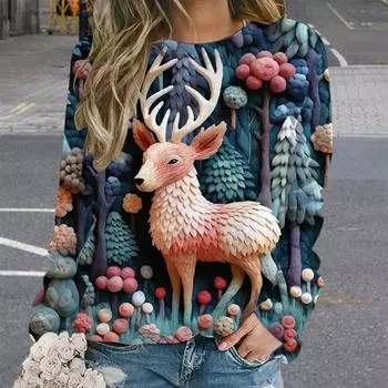 Рождественская футболка женская с рисунком Merry Xmas принт толстовки с длинным рукавом круглый вырез пуловер топы большой размер Санта-Клаус S