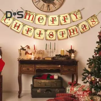 Рождественская гирлянда из флажков, винтажное рождественское украшение для баннера, праздничное украшение для камина, подвесное украшение для домашнего офиса, вечеринка, декор A