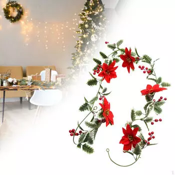 Рождественская гирлянда с огнями 20 светодиодов Украшение Красный цветок для White Edge Leaves