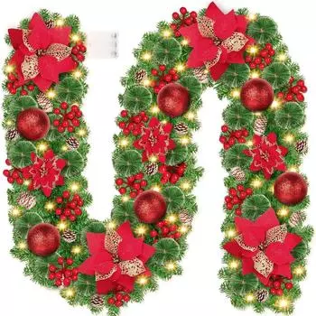 Рождественская гирлянда с огнями, 2,7 м искусственный ротанговый рождественский венок для входной двери, подвесная гирлянда для каминов, лестниц, домашнего декора