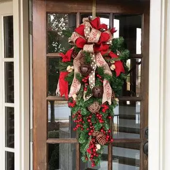 Рождественская гирлянда в виде слезинки, гирлянда ручной работы на рождественскую елку с колокольчиками, искусственные сосновые шишки, рождественские венки, подвески для входной двери, декор фермерского дома красный