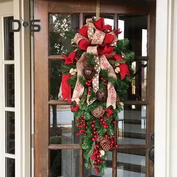 Рождественская гирлянда в виде слезинки, гирлянда ручной работы на рождественскую елку с колокольчиками, искусственные сосновые шишки, рождественские венки, подвески для входной двери, декор фермерского дома красный