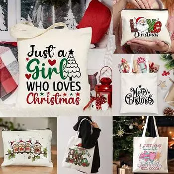 Рождественская холщовая сумка-тоут с фиксированным плечевым ремнем, прочная модная сумка для путешествий на открытом воздухе и покупок, праздничный принт