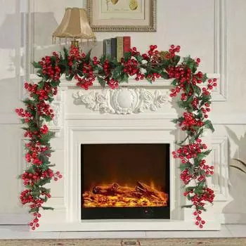 Рождественская искусственная гирлянда из ротанга с зелеными листьями и красными ягодами в помещении и на открытом воздухе, настенная подвеска, рождественские искусственные растения, украшение для праздничной вечеринки, реквизит для фотографий D