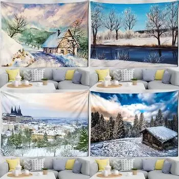 Рождественская картина маслом психоделический лес снежная сцена маленький дом настенный милый снеговик домашний гобелен 100x75cm