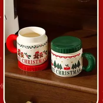 Рождественская керамическая кружка с крышкой и ручкой Санта-колокольчик Кофейные чашки Рождественский подарок Пряничный человечек Офисный завтрак Молочная чашка Подарок 400ML