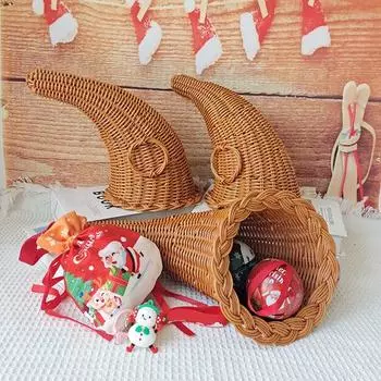 Рождественская корзина «Рог изобилия» Корзина из ротанга в форме рога Многоцелевая корзина для хранения большой емкости