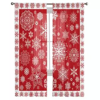 Рождественская красная текстура снежинки, прозрачная тюль для гостиной, оконная занавеска, декор для спальни, кухни, вуаль, шторы 135W x 114H(cm)