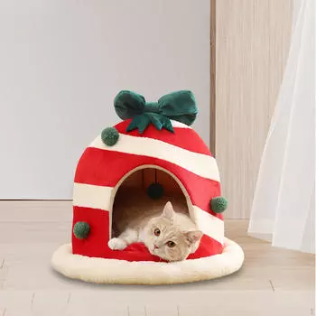 Рождественская кровать для домашних животных, милая полузакрытая кошачья подарочная коробка в форме мягкого домика, рождественские кровати