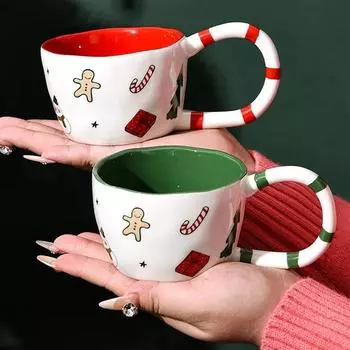 Рождественская кружка, керамическая кофейная чашка с ручкой, большая емкость, узор пряничного человечка, чайные чашки для семьи, друзей, новогодний подарок 350ML зелёный