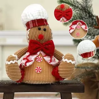 Рождественская кукла-имбирный человечек, украшение ручной работы, белая шляпа, шарф с бантом, сидящая игрушка-печенье, украшение для рождественской вечеринки, праздничный подарок A