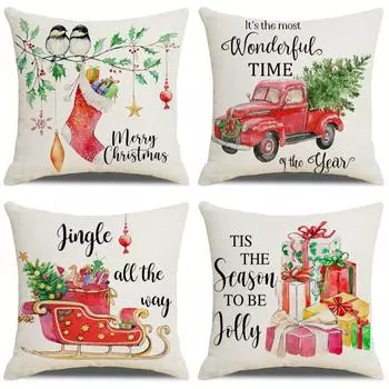 Рождественская льняная наволочка в стиле акварели для дома, простая наволочка с принтом, наволочка для кровати, не включает в себя наполнитель подушки 45*45cm