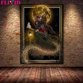 Рождественская легенда монстр Крампус винтажная настенная живопись на холсте Рождественская ведьма и лось художественный постер и принт Декор без рамки 21*30cm