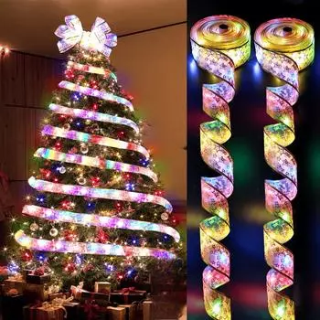 Рождественская лента, гирлянда, рождественские украшения, сделай сам, банты, гирлянда, елочные украшения для домашнего декора 1M-10LEDs Warm золотой