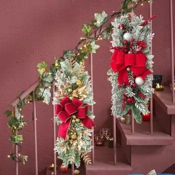 Рождественская лесенка, декоративная отделка в виде капли, рождественский венок для лестницы с бантом, искусственная сосновая ветка, гирлянда