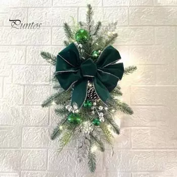 Рождественская лестница со светодиодной подсветкой Искусственные матовые ветки с бантом Рождественский венок Подвесной кулон Праздничные украшения для лестницы золотистый