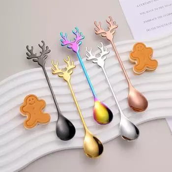 Рождественская ложка в форме головы лося, ложка для перемешивания из нержавеющей стали 304, кофейная десертная ложка, изысканная посуда серебряный