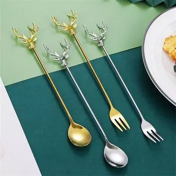 Рождественская ложка в виде лося из нержавеющей стали с милой головой оленя, мини-ложки для мороженого, кофейная десертная ложка для размешивания, столовая посуда, посуда для напитков в кафе