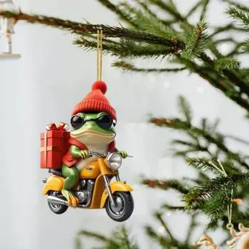 Рождественская лягушка, мультяшная лягушка в шапке Санты, едущая на мотоцикле, акриловая подвеска, украшение для рождественской елки, украшение для окна автомобиля Frog