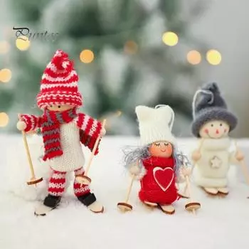 Рождественская лыжная девушка-кукла, вязаная шапка ручной работы, одежда многоразового использования, рождественская елка, подвесной гном, украшение, кулон, вечеринка, праздник, фестиваль, подарок