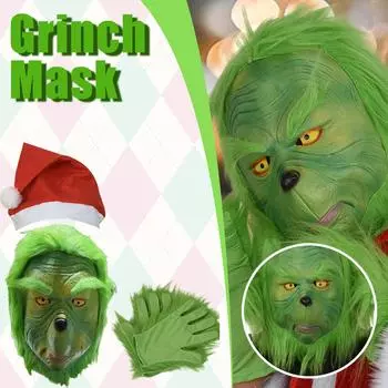 Рождественская маска с красной шляпой и перчаткой, косплей рождественский забавный карнавальный костюм для вечеринки с полным лицом из латекса, реквизит One Size