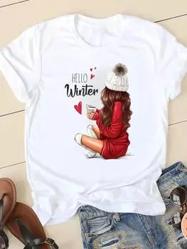 Рождественская модная футболка с принтом, новогодняя женская одежда, кофейный стиль, акварель, 90-е годы, с круглым вырезом, женская повседневная женская рубашка с графическим принтом, футболка S белый
