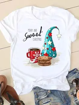 Рождественская модная футболка с принтом, новогодняя женская одежда, зимняя акварельная стильная милая женская рубашка с круглым вырезом и графическим принтом, повседневная женская рубашка, футболка S белый