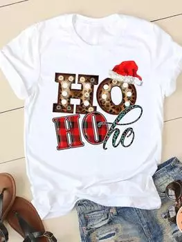 Рождественская модная футболка с принтом, новогодняя женская одежда, клетчатый стиль, милая женская рубашка с круглым вырезом 90-х годов, повседневная женская рубашка с графическим принтом S белый