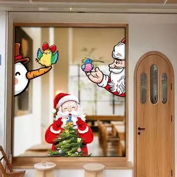 Рождественская наклейка на окно без клея прозрачная Санта снеговик лось принт статическая липкость противоскользящая многоразовая праздничная противоскользящая наклейка для украшения оконного стекла S E