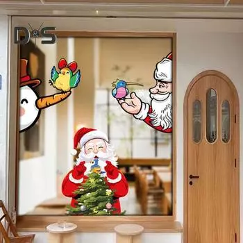 Рождественская наклейка на окно без клея прозрачная Санта снеговик лось принт статическая липкость противоскользящая многоразовая праздничная противоскользящая наклейка для украшения оконного стекла S E