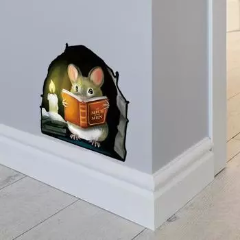 Рождественская наклейка на стену с мышью, мышь для чтения книг, настенная 3D наклейка, забавная очаровательная наклейка на стену, угловая наклейка, детская комната, детская Рождественский декор