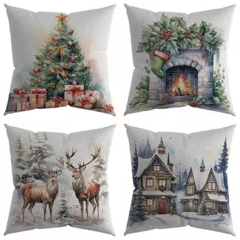 Рождественская наволочка с акварельным рисунком лося, снеговика, дерева, камина, наволочка для диванной подушки, новогодний декор для дома 40x40cm
