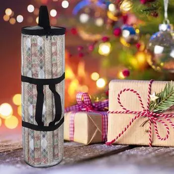 Рождественская оберточная бумага для хранения с ручкой, прозрачная застежка-молния, водонепроницаемый ПВХ, рождественский подарочный бумажный органайзер прозрачный