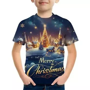 Рождественская одежда 2025 года Футболки для мальчиков и девочек Новогодние футболки Повседневная детская одежда с принтом Санта-Клауса Футболка 100