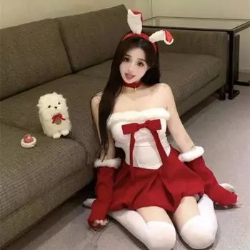 Рождественская одежда атмосфера военный халат одежда бархатный топ-труба красное платье женский кролик cos маленькое платье average size 80-60kg