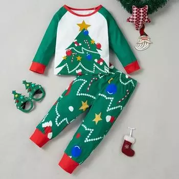 Рождественская одежда для маленьких мальчиков и девочек с мультяшным хлопковым принтом 130