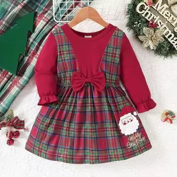 Рождественская одежда для малышей и девочек. Платье в клетку с длинными рукавами и оборками для младенцев 24 красный