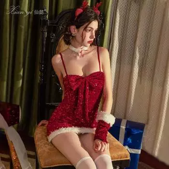 Рождественская одежда Новогоднее платье Платье с бантом и пайетками на бедрах Сценический костюм для женщин M