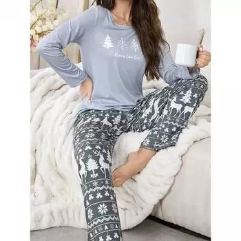 Рождественская осенняя женская пижама с длинными рукавами и длинными штанами, весенняя молочная шелковая пижама, домашняя одежда для девочек, ночная рубашка S синий