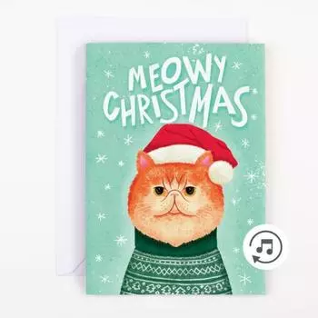 Рождественская открытка «Мяу» с конвертом, блестящая мультяшная кошка, музыкальная поздравительная открытка с Рождеством, бумажные пожелания, открытка с благословением, подарок любителю кошек 10x15cm
