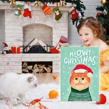 Рождественская открытка с мультяшным котом и блестками в конверте. Музыкальная поздравительная открытка. Веселая 10x15cm