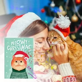 Рождественская открытка Yousheng Meow с конвертом, блестками, мультяшным котом, музыкальная поздравительная открытка с Рождеством, бумажные пожелания, открытка с благословением, подарок любителю кошек 10x15cm