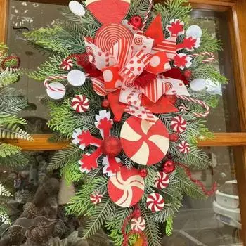 Рождественская перевернутая елка, венок из леденцов для входной двери, красные, белые, каплевидные рождественские украшения для лестницы, рождественский венок с леденцом красный
