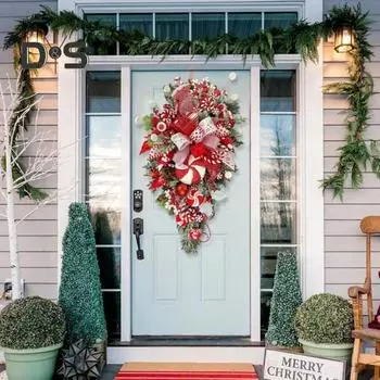 Рождественская перевернутая елка, венок из леденцов для входной двери, красные, белые, каплевидные рождественские украшения для лестницы, рождественский венок с леденцом красный