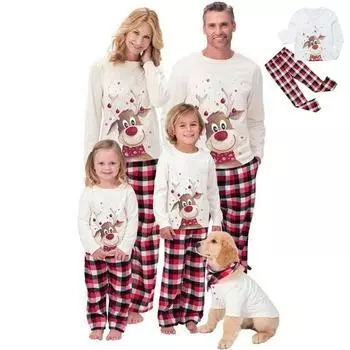 Рождественская пижама с принтом лося, футболка с длинными рукавами, повседневные брюки в клетку, рождественские брюки, семейный костюм