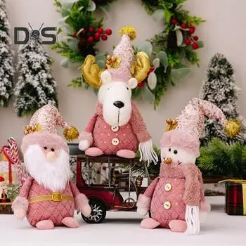 Рождественская плюшевая кукла, розовая мягкая игрушка, лось, снеговик, Санта, мягкая сидящая фигурка гнома в шляпе, праздничный декор для домашнего офиса A