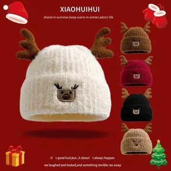 Рождественская плюшевая шапка с рогами оленя, женская осенне-зимняя теплая плюшевая милая мультяшная шерстяная шапка, универсальная защитная шапка для ушей, холодная шапка для прилива One Size (55-59cm)