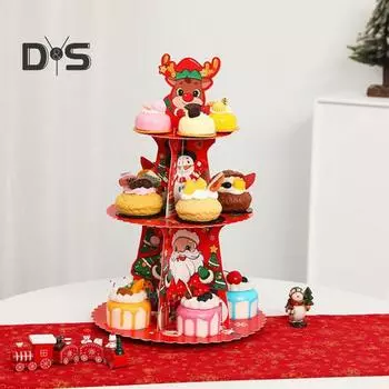 Рождественская подставка для кексов, 3-х уровневая картонная подставка для десерта, Санта-Клаус, снеговик, рождественская елка, дизайн, витрина для кексов, башня, праздничные атрибуты зелёный