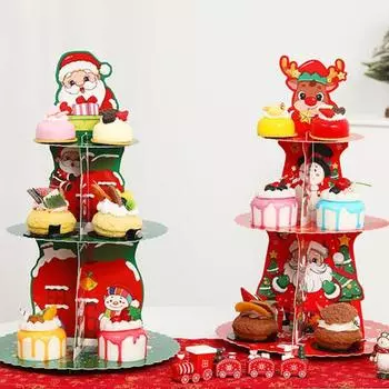 Рождественская подставка для кексов, 3-х уровневая картонная подставка для десерта, Санта-Клаус, снеговик, рождественская елка, дизайн, витрина для кексов, башня, праздничные атрибуты зелёный