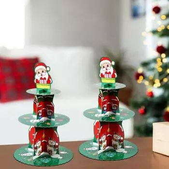 Рождественская подставка для кексов, 3-х уровневая картонная подставка для десерта, Санта-Клаус, снеговик, дизайн рождественской елки зелёный